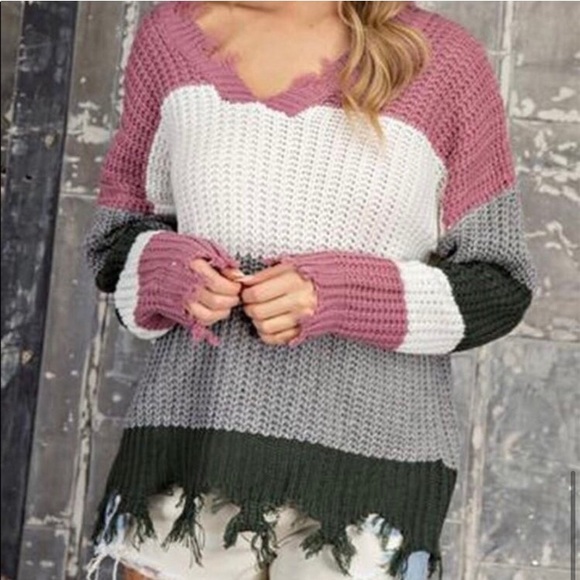 Women’s trendy fall distressed frayed color block must have sweater - Picture 6 of 6
